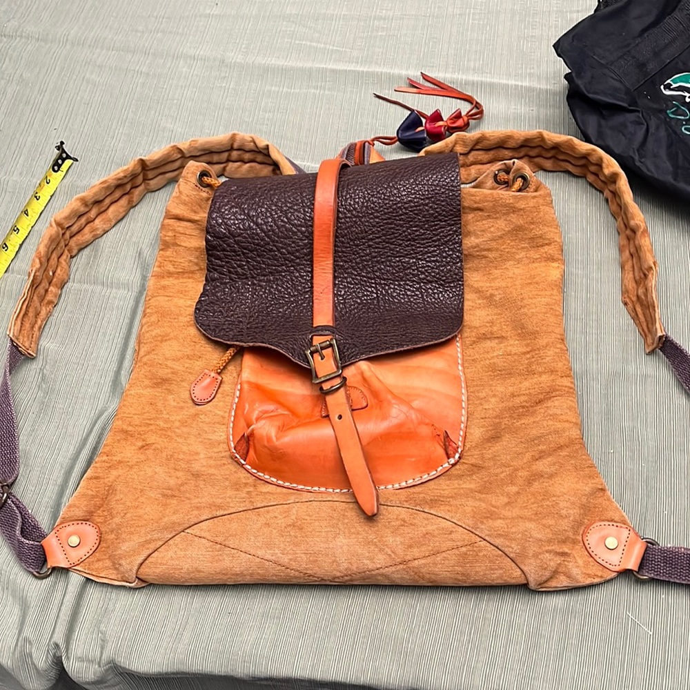 Unique TSD orange leather and brown/tan waxed canvas backpack, lined, durable
